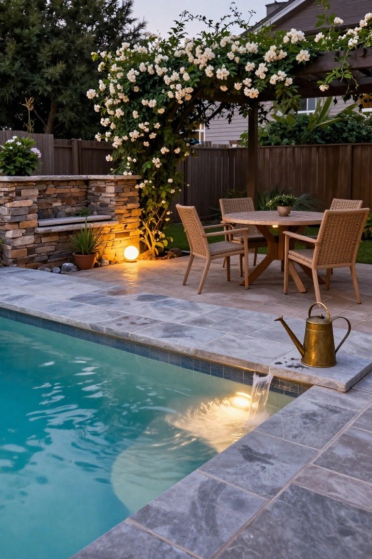 Semi-inground pool with turquoise water and edge waterfall next to a tiled patio holding a round wooden table, four wicker chairs, a brass watering can, stone retaining wall with plants and globe light, white rose-covered wooden arbor, and surrounding backyard landscaping at dusk.