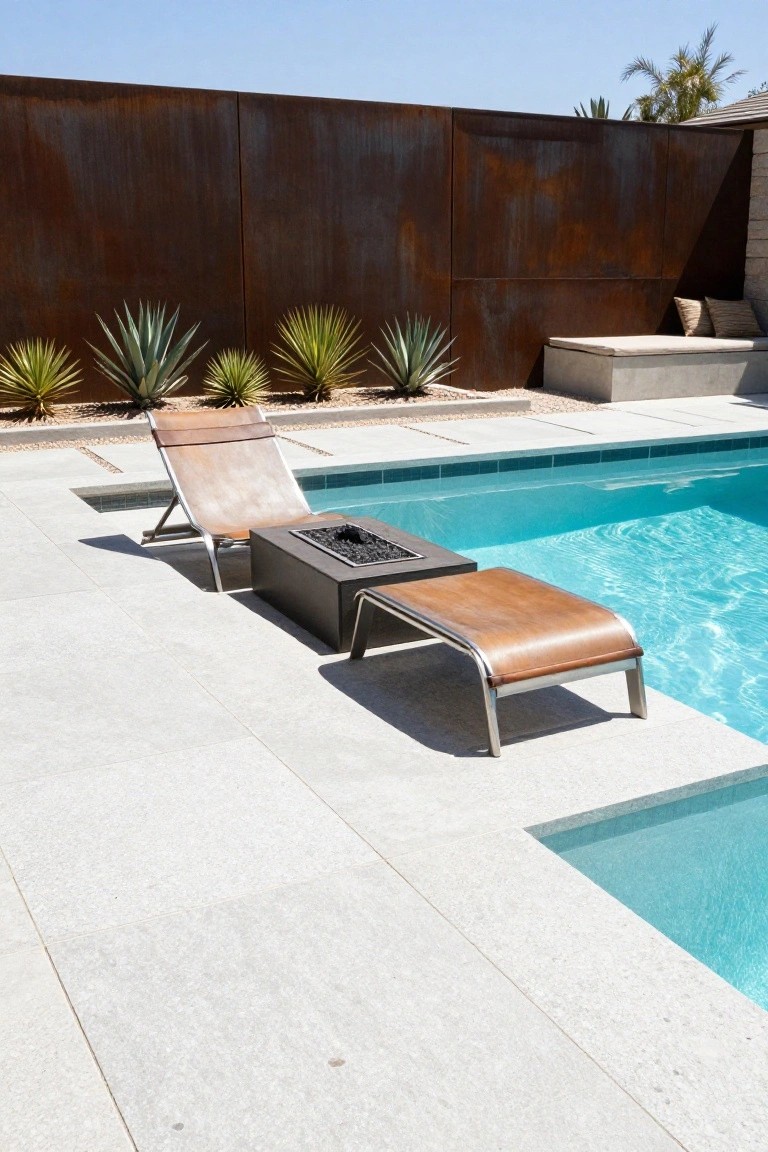 Semi-inground pool edged with light stone decking, featuring a tan leather lounge chair, matching ottoman, and dark metal fire pit table positioned directly beside the turquoise water, with agave plants and rusted metal fence in the background.