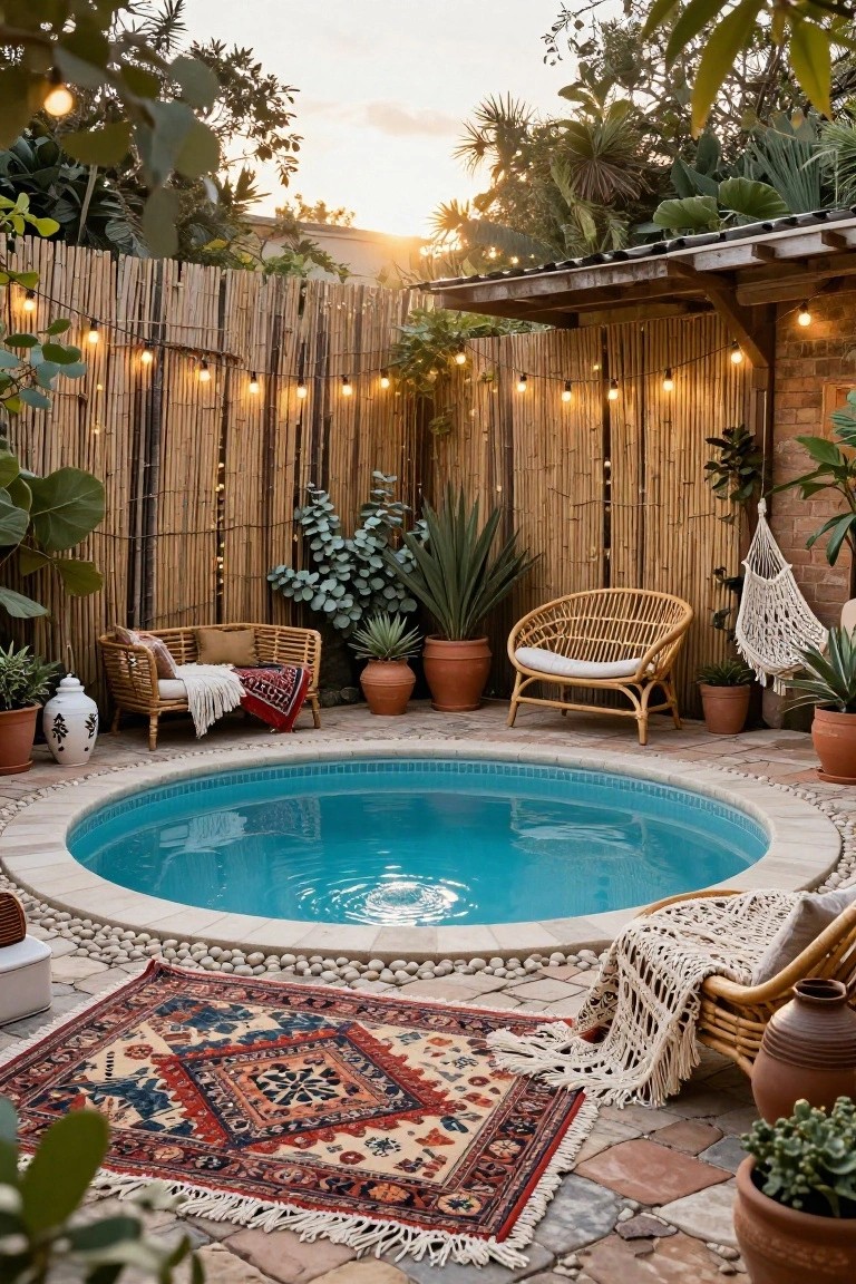 Round turquoise semi-inground pool in a backyard enclosed by bamboo fencing, with rattan chairs, hanging plants, terracotta pots, string lights, and a woven rug on pebble stone paving at sunset.