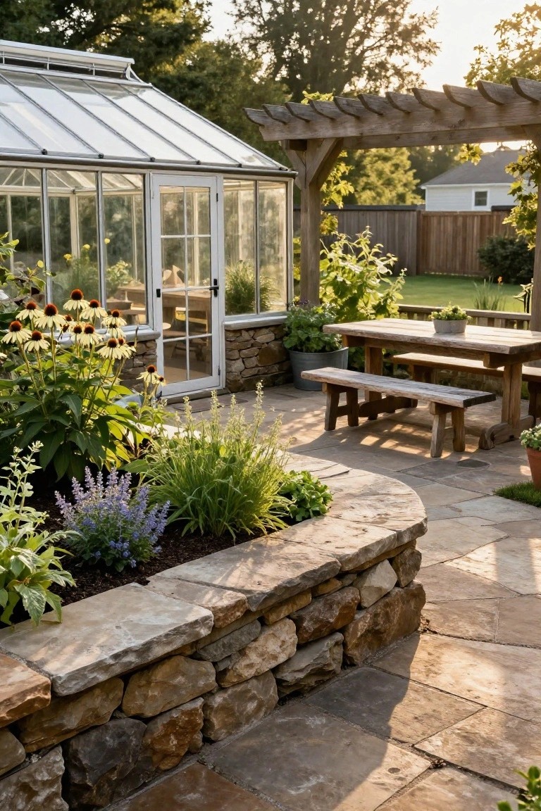 Backyard stone patio with rustic wooden table and benches next to a glass greenhouse, curved stone retaining wall with plants including coneflowers and salvia, pergola overhead, and garden surroundings.
