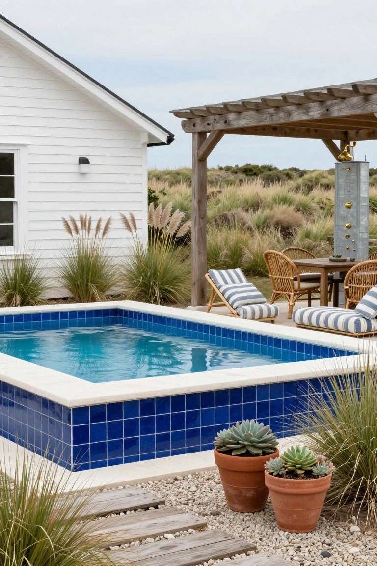 Small square blue-tiled semi-inground pool next to a white house exterior, with striped lounge chairs and cushions under a wooden pergola, surrounded by ornamental grasses, succulents in terracotta pots, and a gravel path.