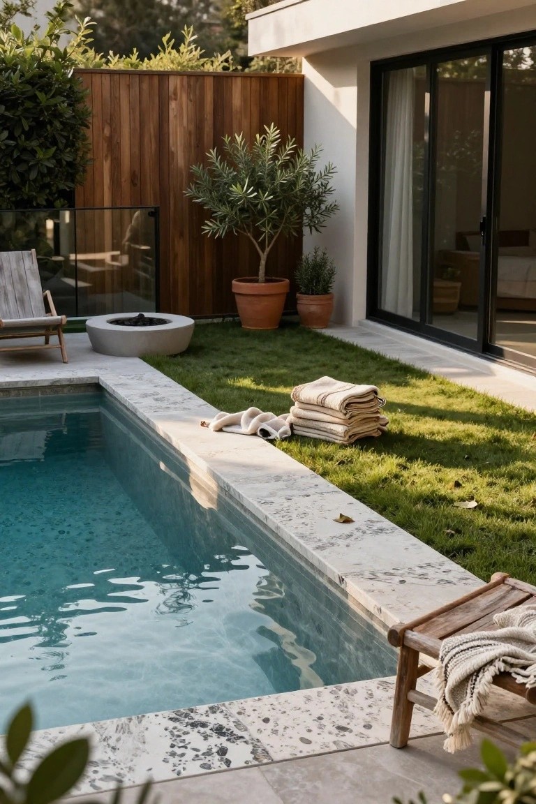 Narrow turquoise semi-inground pool with light speckled stone coping adjacent to green lawn, wooden lounge chairs with blankets, stacked towels, concrete fire pit, potted olive trees, and black-framed sliding glass doors to white house wall.