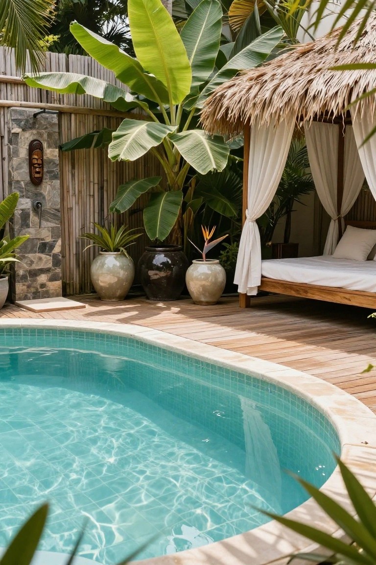 Semi-inground turquoise pool tiled in blue next to a wooden deck with a thatched roof cabana containing a white bed, large ceramic pots, tropical plants, and an outdoor shower nearby.
