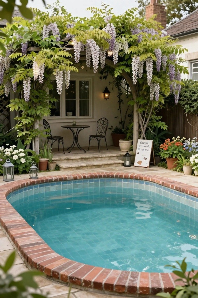 Semi-inground turquoise-tiled pool with brick edging under a wooden pergola covered in purple wisteria vines, adjacent stone steps with black metal bistro table and chairs, potted plants, lanterns, and a white house in the background.