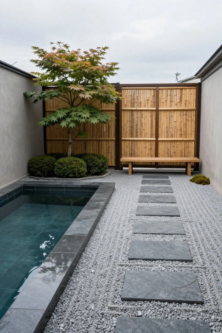 Small turquoise semi-inground pool in a gravel courtyard with dark stepping stone path, wooden bench, bamboo fence, Japanese maple tree, boxwood shrubs, and moss patch.