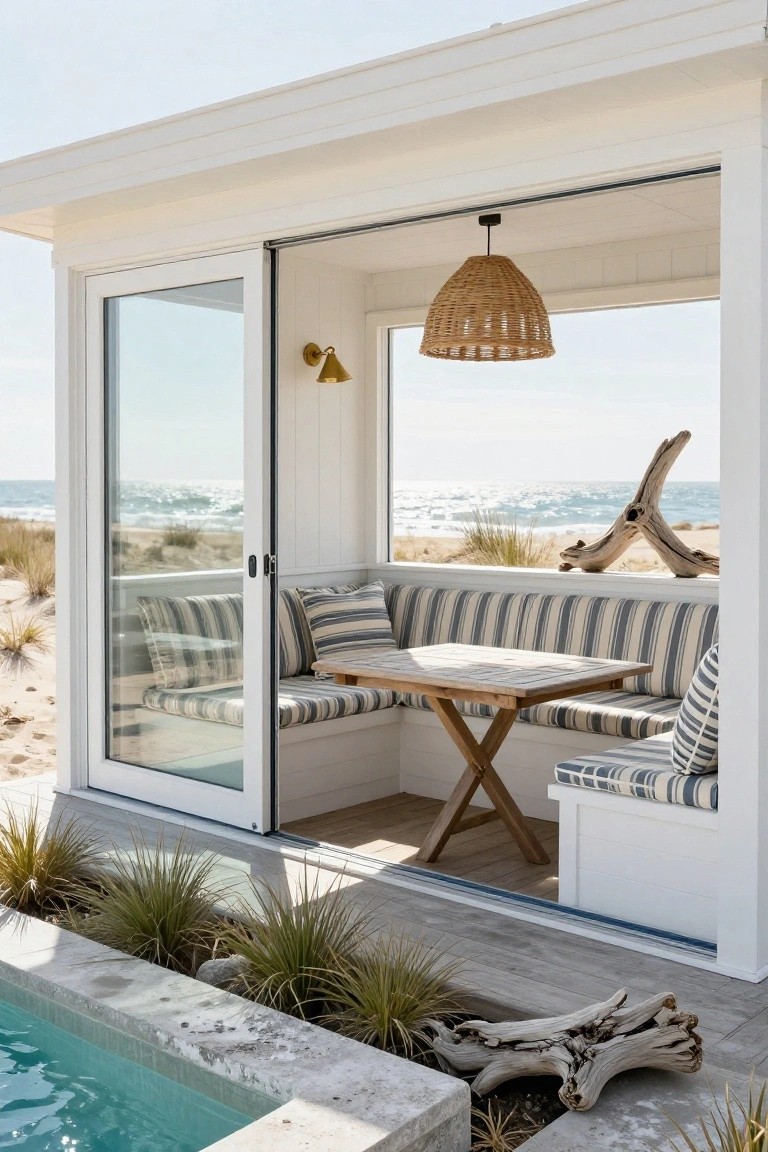 White pool house cabana with open glass doors, built-in blue and white striped bench seating around a small wooden table, woven pendant light overhead, overlooking beach dunes and ocean next to a turquoise pool.