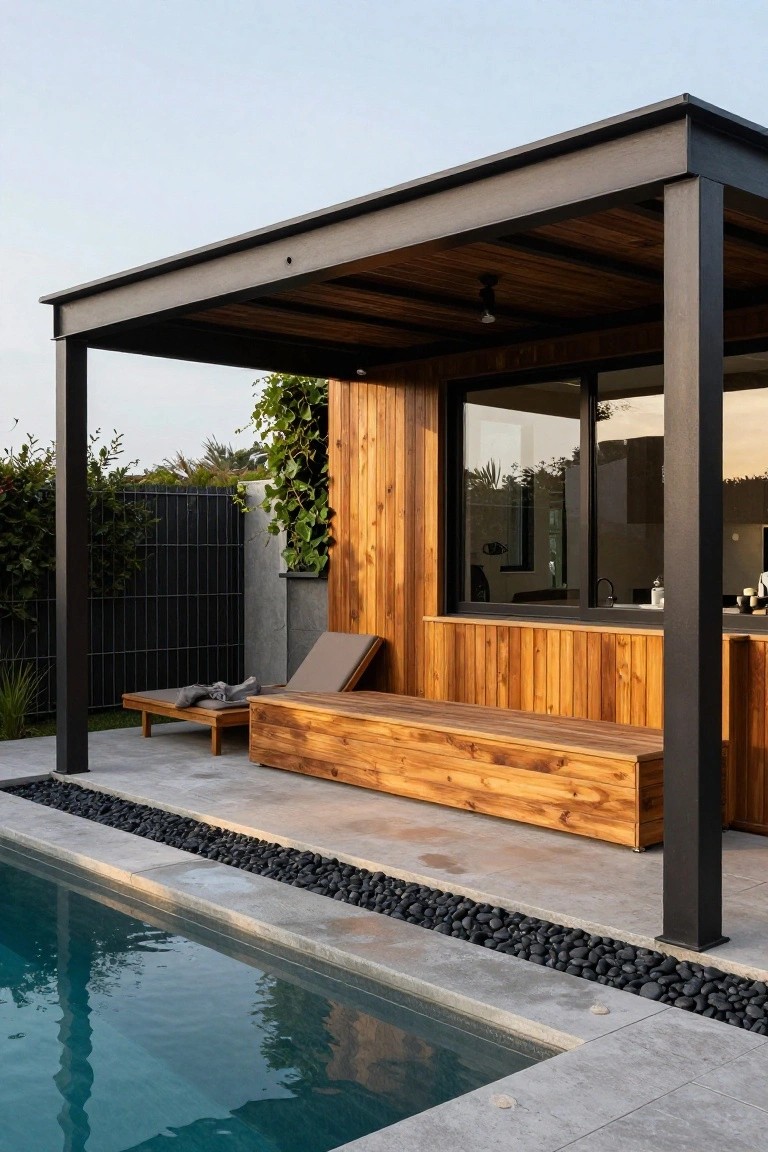 Modern pool house with vertical wooden cladding, large sliding windows, built-in wooden bench seat, low daybed, metal pergola roof, and adjacent swimming pool edged with black pebbles on concrete paving.