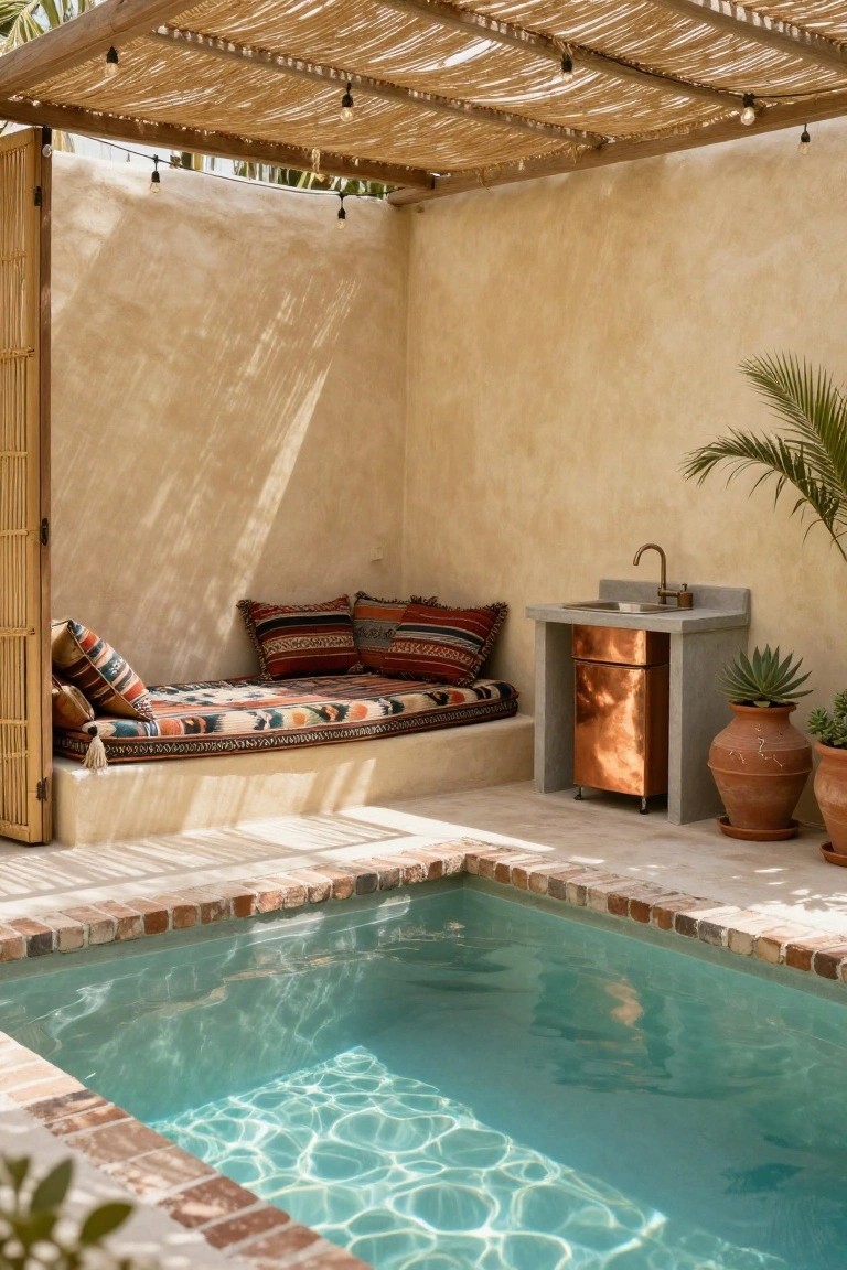 Small turquoise plunge pool edged in bricks next to a built-in beige daybed with multicolored cushions and pillows, copper cabinet with sink, potted plants, and thatched roof with string lights overhead.