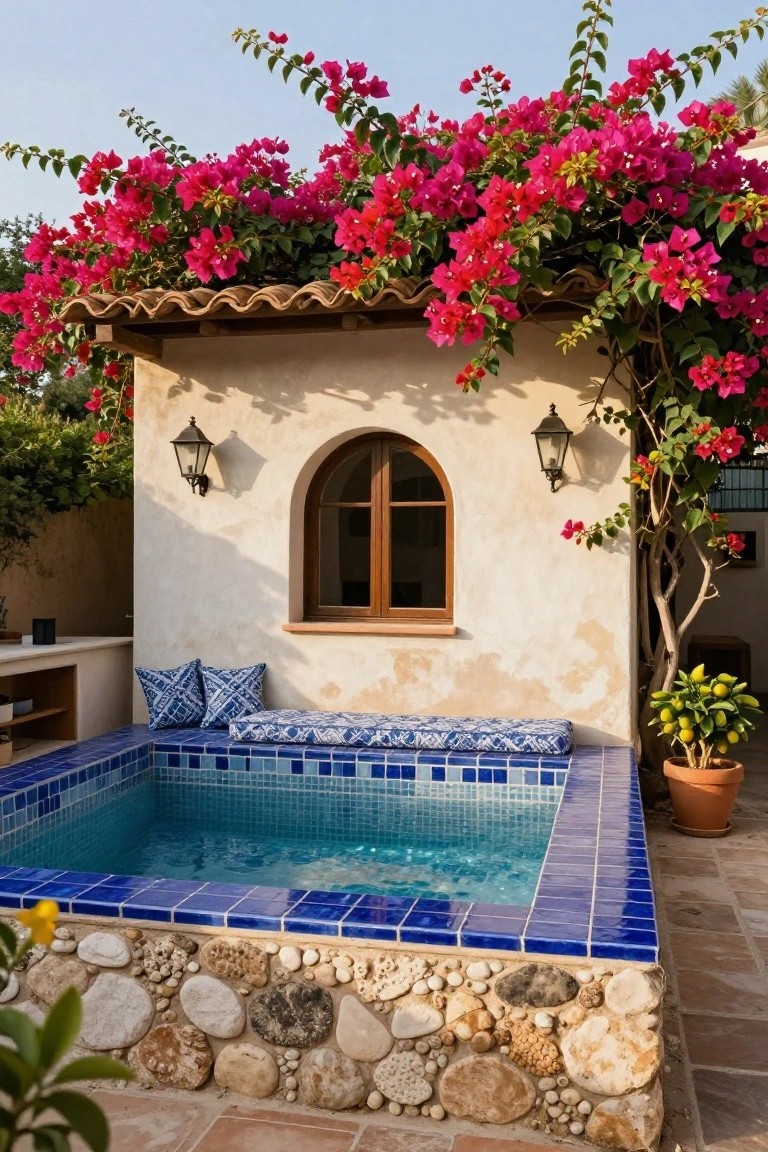Small blue-tiled hot tub with blue and white patterned cushions on the edge seating, against a white stucco wall with arched wooden window and lanterns, pink bougainvillea vines overhead, stone base, and potted plants nearby.