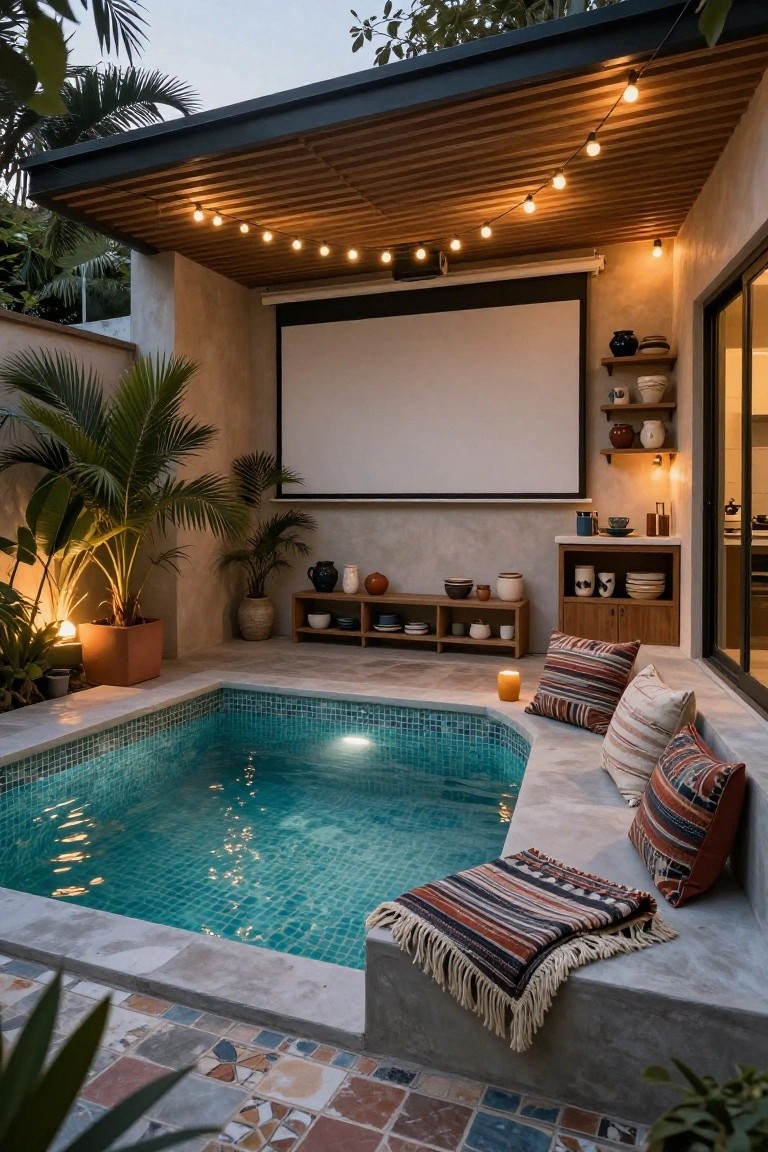 Small turquoise mosaic-tiled plunge pool in a walled courtyard with overhead wooden pergola strung with lights, pull-down projector screen on wall, cushions and blanket on concrete bench by pool edge, potted palms and ceramic pots on shelves.