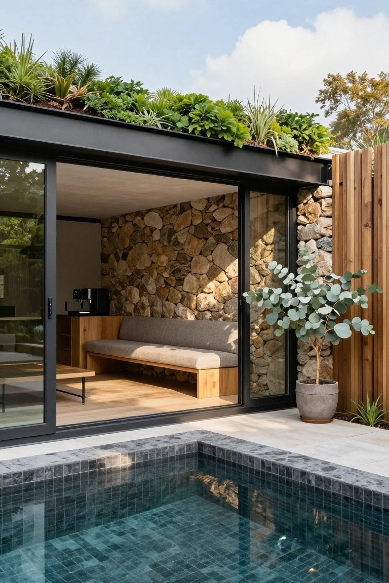 Modern pool house with lush green roof plants, stone interior wall, wooden built-in bench and side table, black espresso machine on cabinet, open black-framed sliding glass doors overlooking turquoise mosaic-tiled pool edge, eucalyptus plant in gray pot, wooden fence, and greenery.
