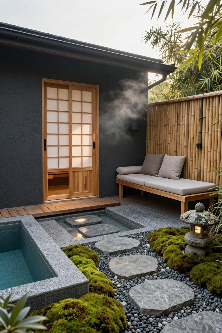 Black pool house exterior with wooden shoji doors and steam escaping, next to a small turquoise-tiled plunge pool edged in stone, surrounded by gravel paths with large flat stepping stones, moss patches, bamboo fencing, a cushioned bench, stone lantern, and bamboo plants.