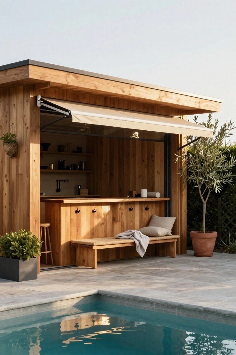 Wooden pool house bar with open counter, built-in bench seating with cushions and throw blanket, bar stools, potted plants, shelves, and adjacent blue swimming pool on tiled patio.