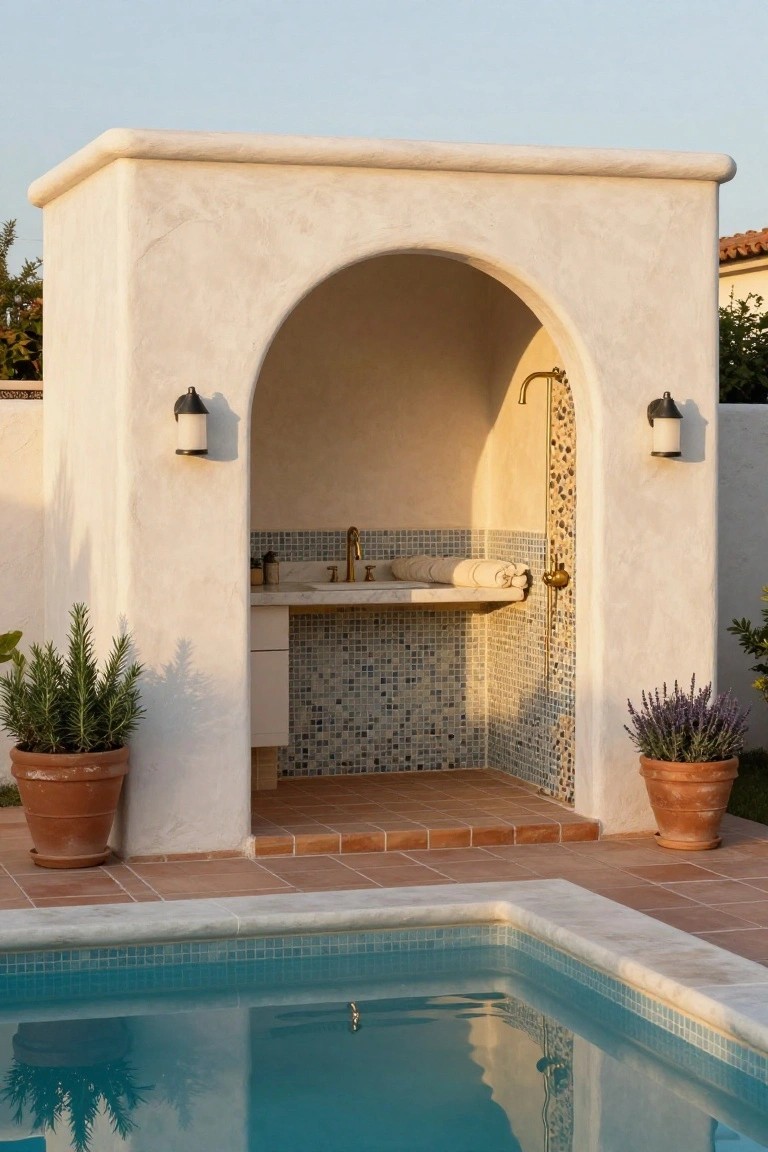 Outdoor stucco alcove with arched opening containing gold showerhead, blue mosaic tiled sink vanity, and towels, positioned beside turquoise pool with terracotta pavers and potted rosemary and lavender plants.