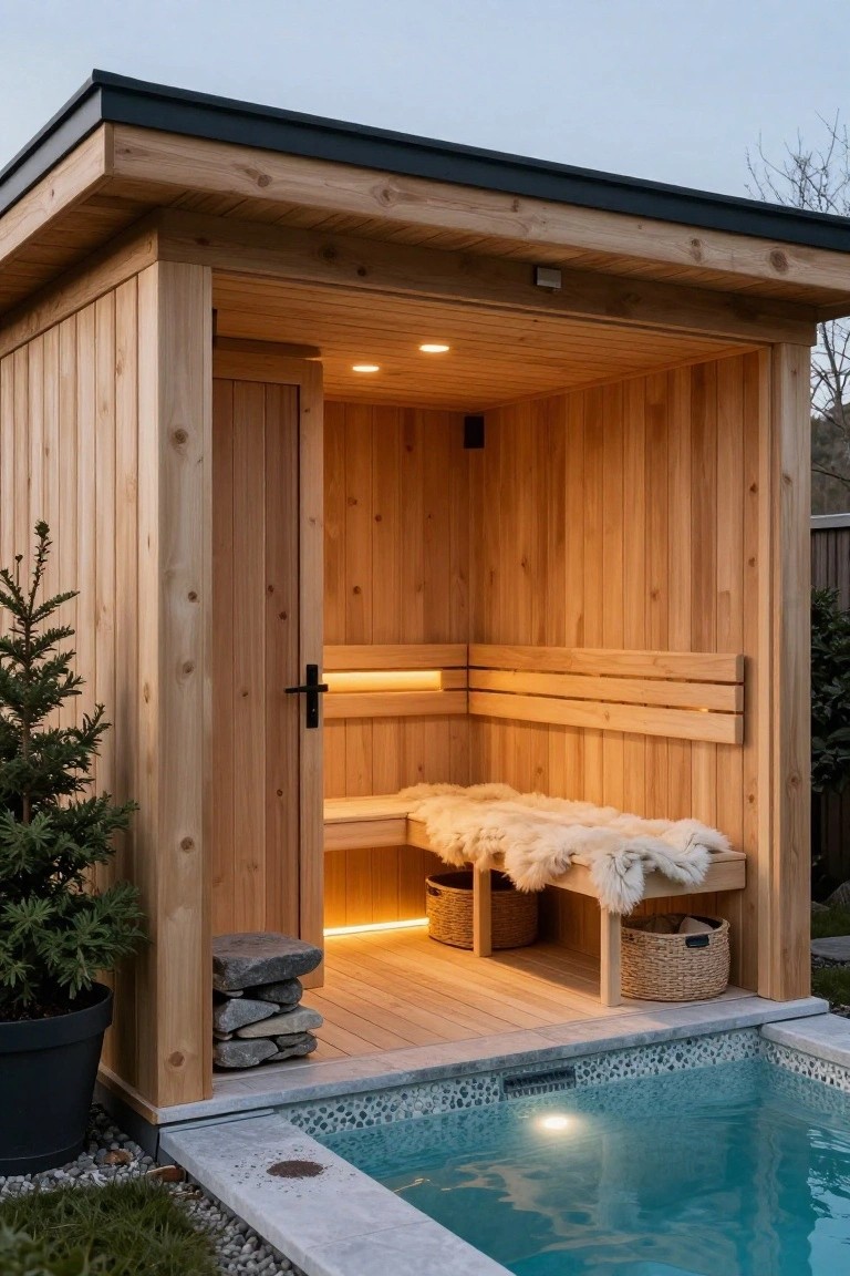 Wooden outdoor sauna cabin with open door revealing tiered benches covered in sheepskin rugs, positioned directly beside a small turquoise plunge pool with pebble mosaic tiles, surrounded by potted plants, stones, and gravel.