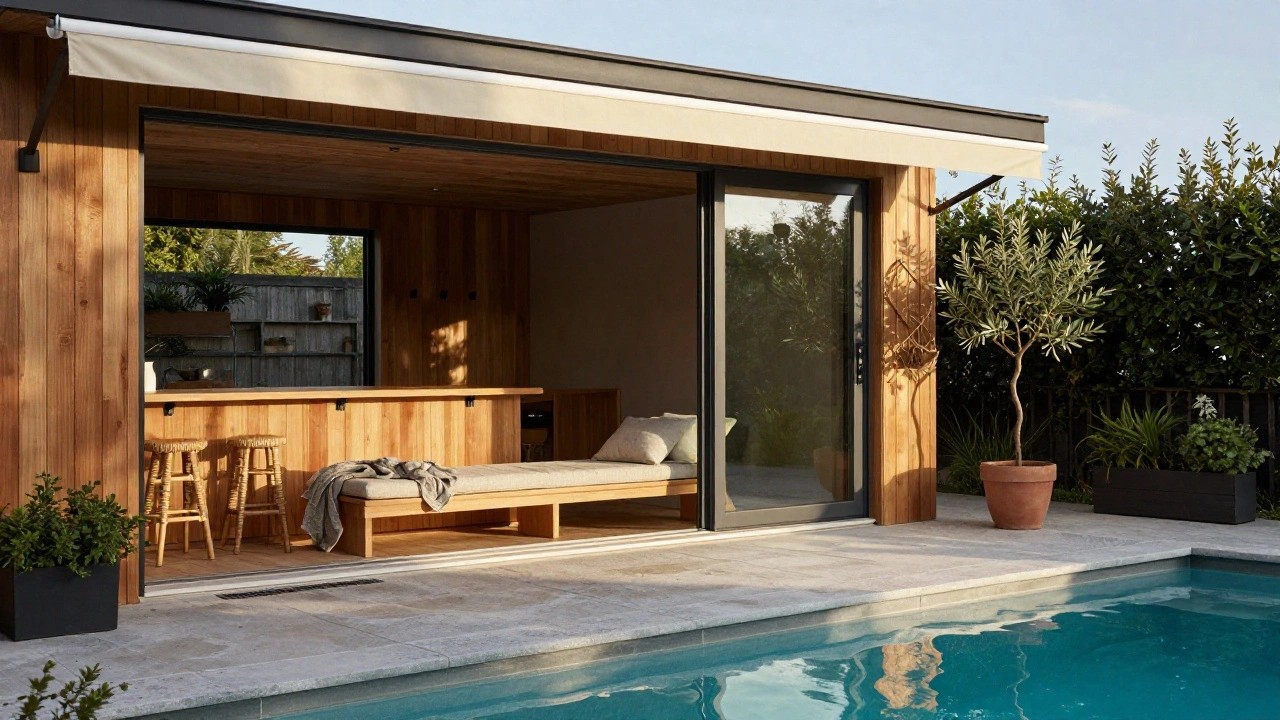 Wooden pool house bar with open counter, built-in bench seating with cushions and throw blanket, bar stools, potted plants, shelves, and adjacent blue swimming pool on tiled patio.