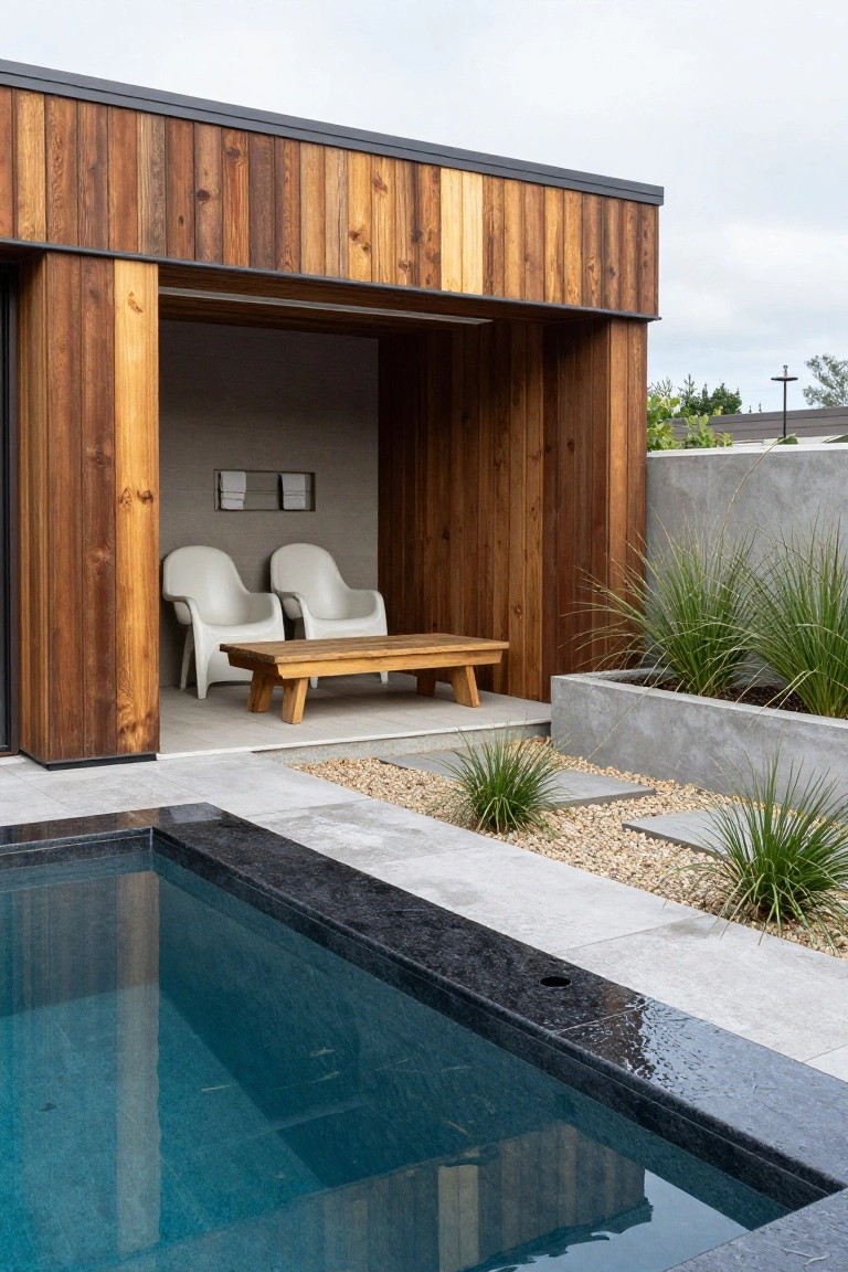 Wooden open-sided pavilion with white molded chairs, wooden low table, and towel racks, positioned next to a rectangular pool with black stone edging, concrete pavers, pebbles, and grasses.