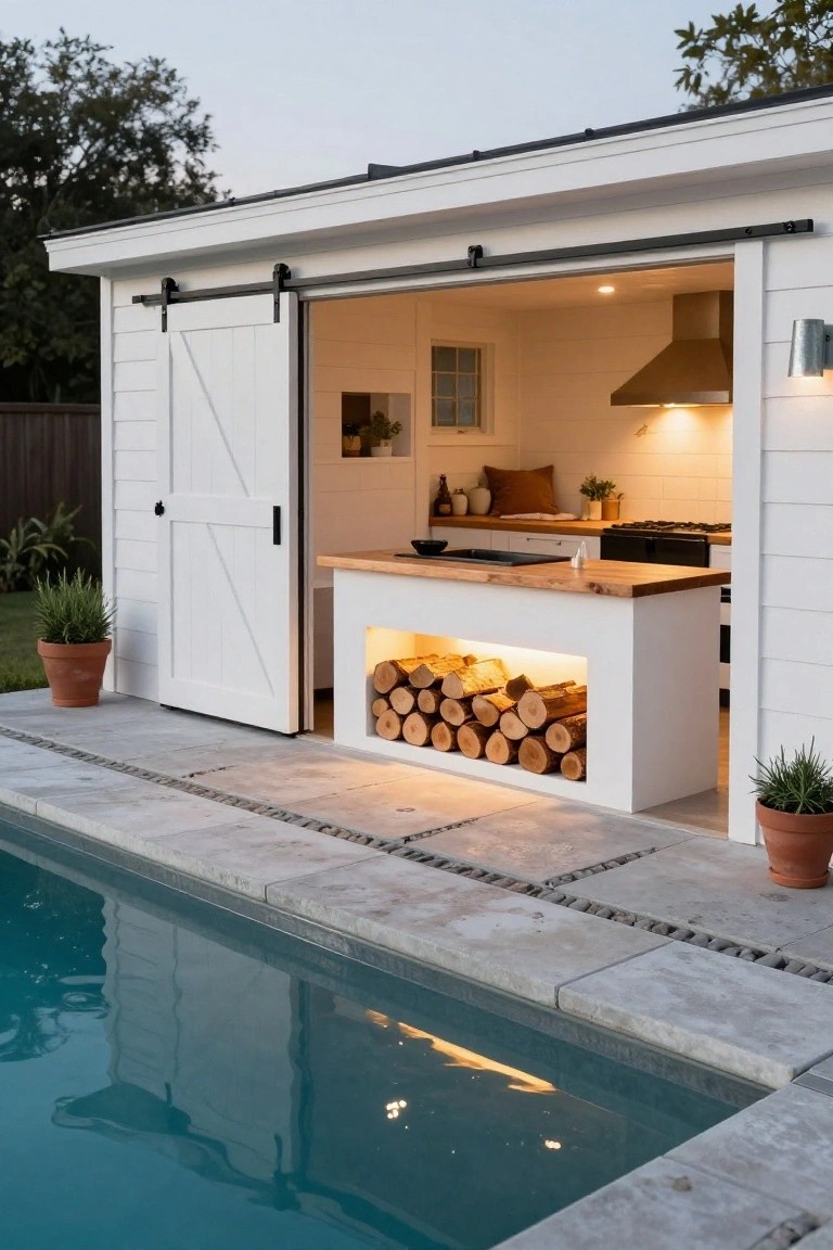 White pool house with open sliding barn door revealing compact kitchen, wooden bar top with lit firewood storage in base, next to turquoise pool on stone patio.