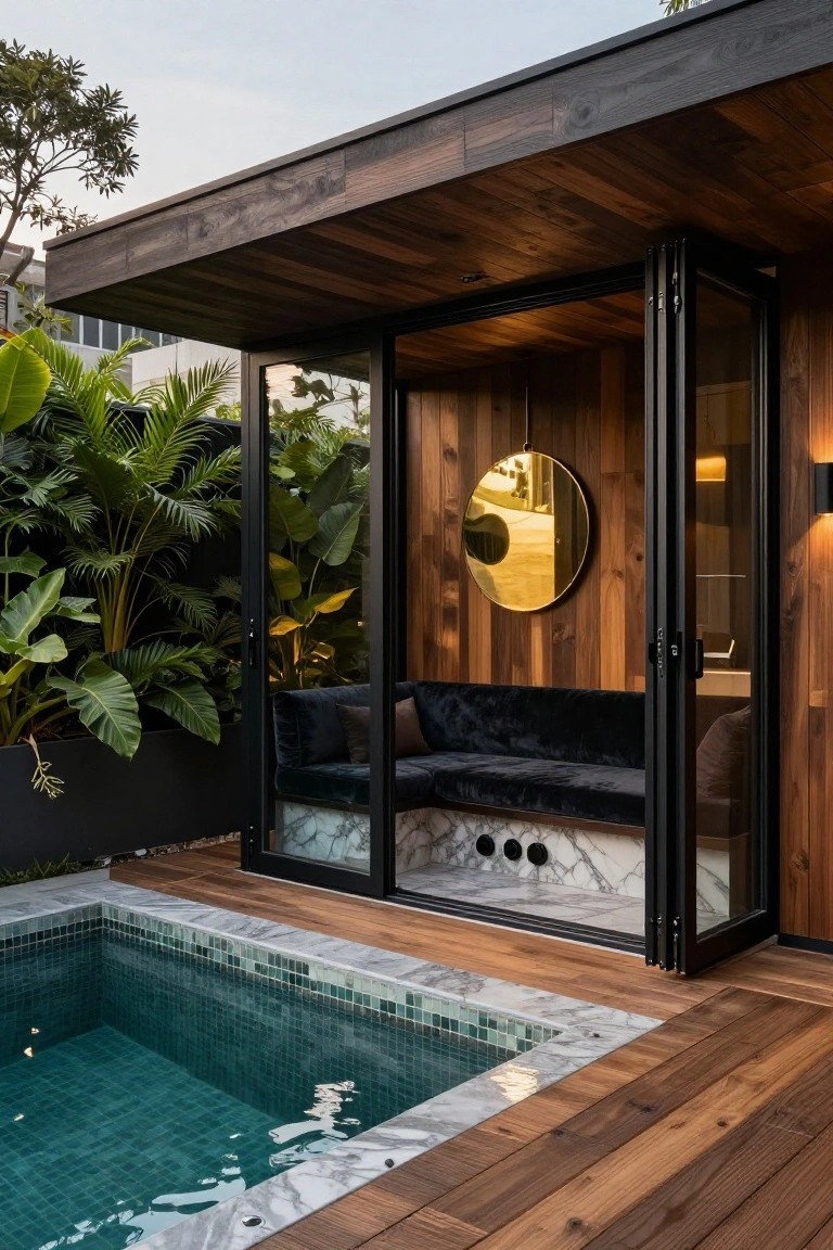 Small turquoise mosaic-tiled pool next to wooden deck with open black-framed bi-fold doors to wood-paneled pool house interior featuring black velvet bench seat, gold round mirror on wall, marble base, and surrounding tropical plants.
