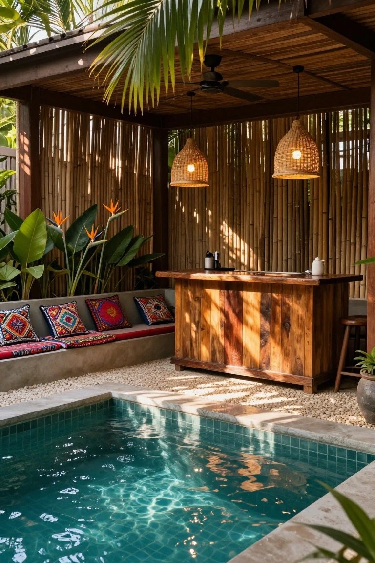 Small turquoise-tiled pool next to a wooden bar counter with bench seating, colorful cushions, stools, pendant lights, bamboo screens, tropical plants, and gravel ground under a wooden-roofed structure.