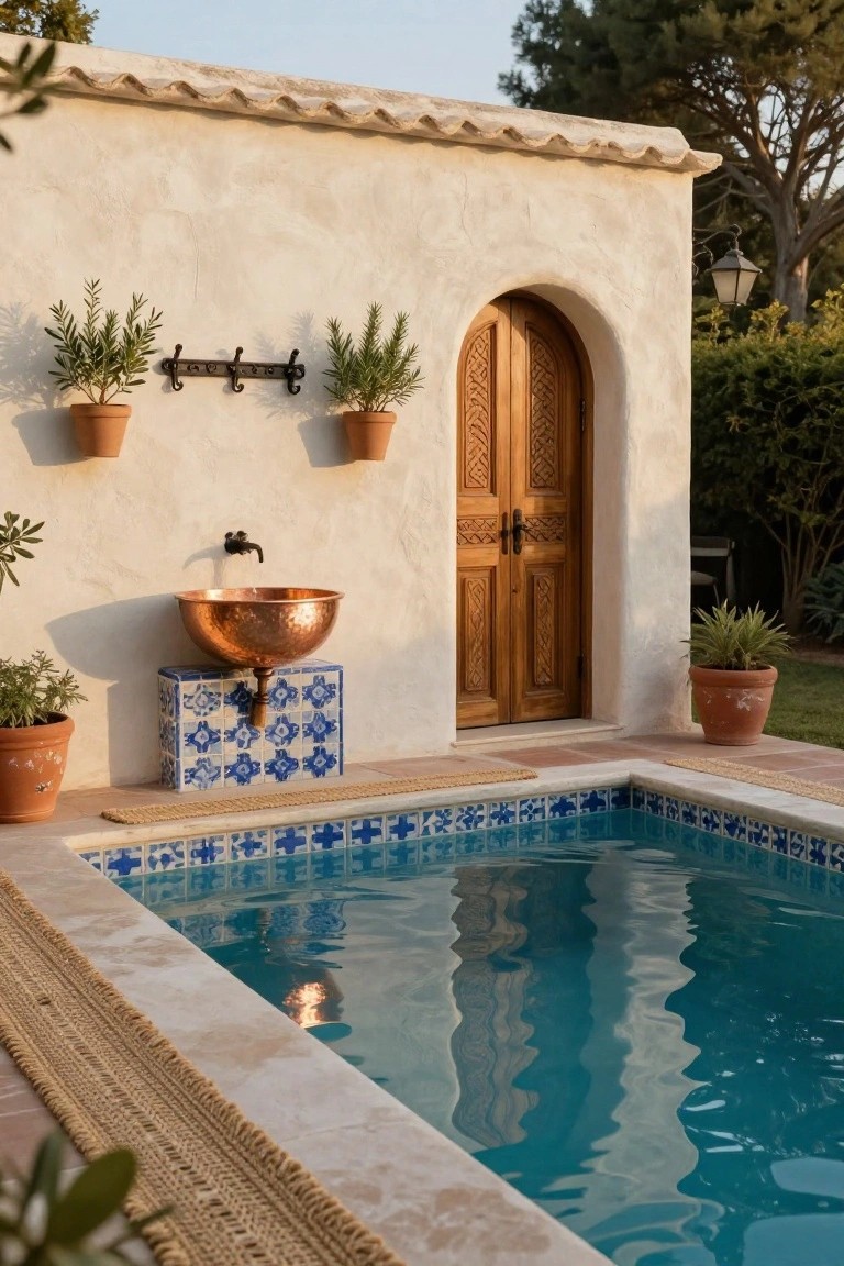 Small turquoise-tiled pool next to a beige stucco wall featuring a wooden arched door, copper basin sink on blue tiled pedestal with wall faucet, potted plants on hooks and ground, seagrass mats, and garden greenery.