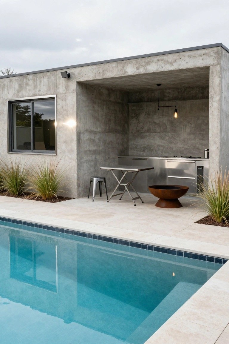 Concrete pavilion with open-air outdoor kitchen featuring stainless steel counters and cabinets, bar stools, small table, round metal fire pit, ornamental grasses, and adjacent rectangular swimming pool with tiled deck.