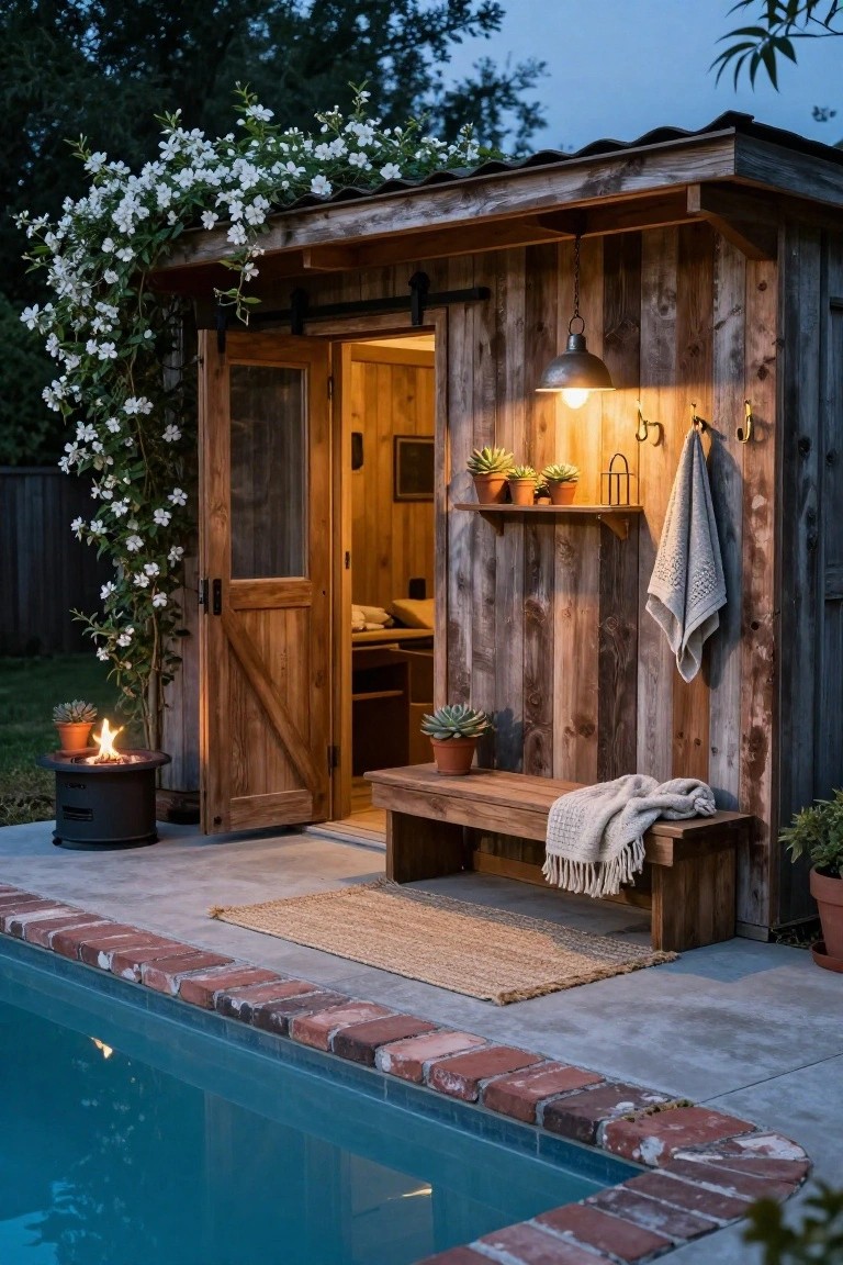 Small rustic wooden pool house with open sliding barn doors beside an inground pool at dusk, featuring climbing white flowers, a built-in wooden bench with blanket, potted succulents, hanging towel, fire pit, and woven rug on brick-edged patio.