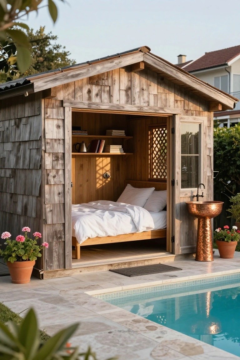 Small rustic wooden pool house cabana with open double doors revealing a wooden bed with white linens, bookshelves, teapot, and copper pedestal sink inside, sited next to a turquoise in-ground pool on a stone-tiled patio with potted flowers and greenery.
