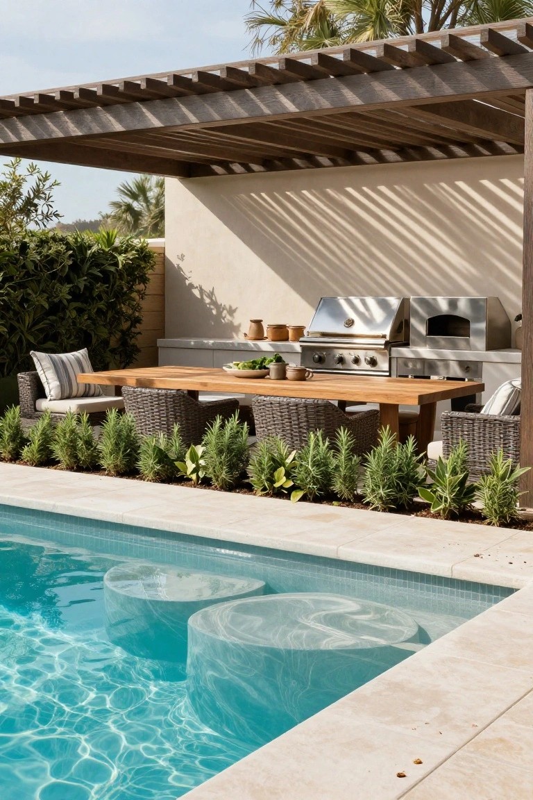 Inground pool with two white rounded bubble stools emerging from the shallow turquoise water near the edge, next to an outdoor kitchen featuring a grill and pizza oven under a wooden pergola, with teak dining table and wicker chairs.