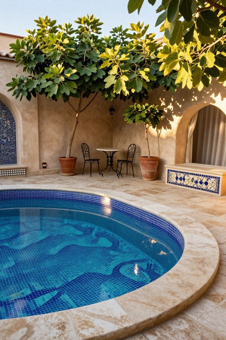 Curved inground pool with blue mosaic tiles and fish patterns, adjacent black wrought-iron bistro table and two chairs on beige stone pavers, flanked by potted fig trees and arched stucco walls with blue tile details.