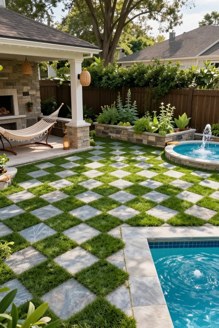 Backyard inground pool with surrounding checkered patio of alternating green grass and gray stone squares, a round fountain nearby, hammock under covered porch, stone fire pit, and plants along the edges.