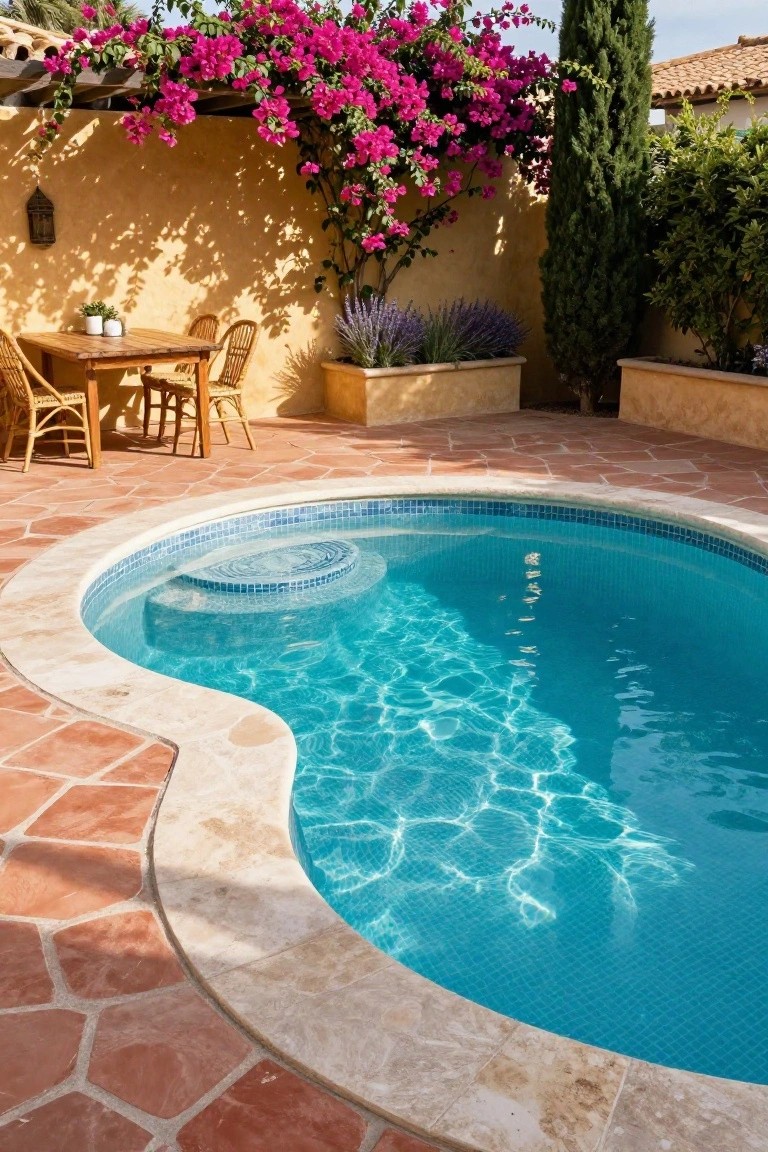 Kidney-shaped inground pool with blue mosaic tiles and central tiled step surrounded by terracotta pavers, wooden dining table with chairs, potted plants, lavender, and pink bougainvillea against a yellow stucco wall.