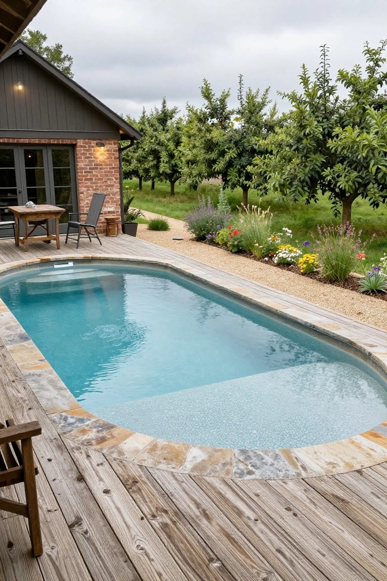 Oval-shaped turquoise inground pool with stone coping surrounded by weathered wooden decking next to a rustic brick house, flower beds, gravel path, and apple orchard in the background.