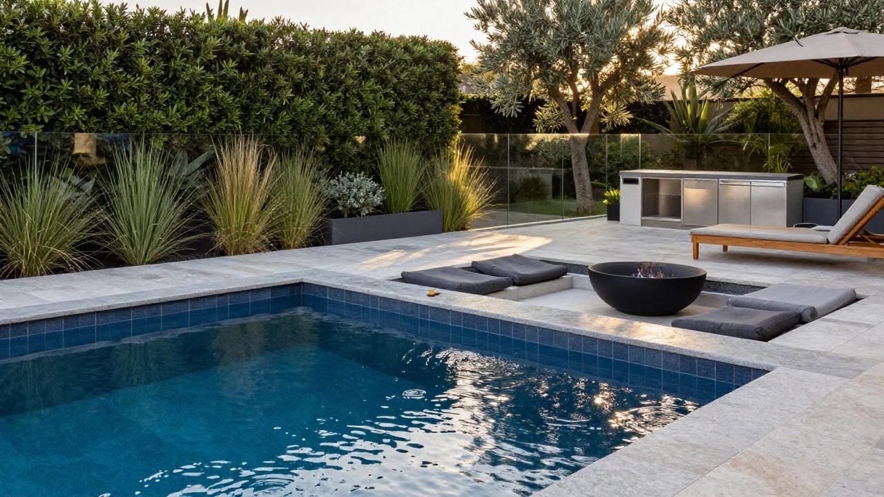 Long narrow inground pool with blue mosaic tiles and gray stone coping, adjacent to outdoor sofa, loungers, fire pit, kitchen counter, umbrellas, and landscaping in a backyard at sunset.