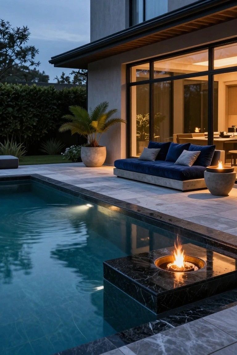 Rectangular inground pool at dusk with black stone fire bowl integrated into the pool edge, blue velvet daybed on tiled deck nearby, potted plants, and modern house with glass walls in background.