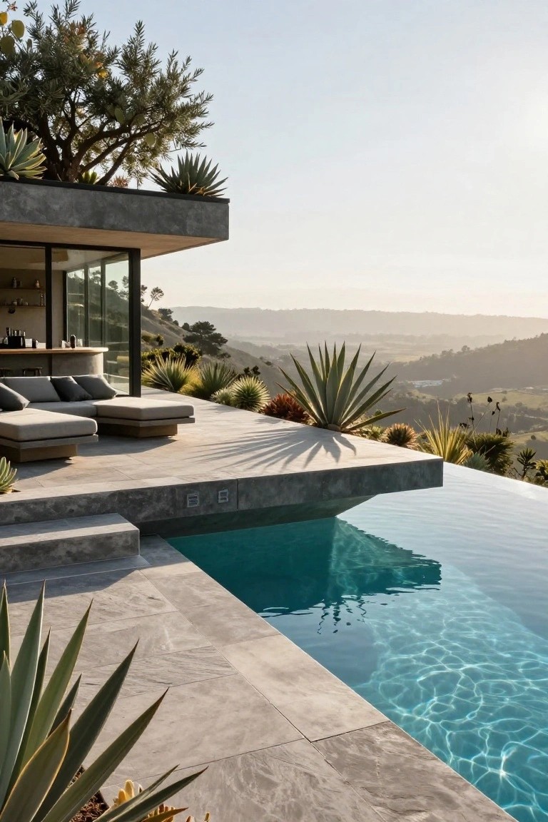 Modern concrete terrace with low-profile gray loungers, infinity-edge turquoise pool at the edge, potted agaves and succulents, glass-walled house interior visible, overlooking hilly landscape at sunset.