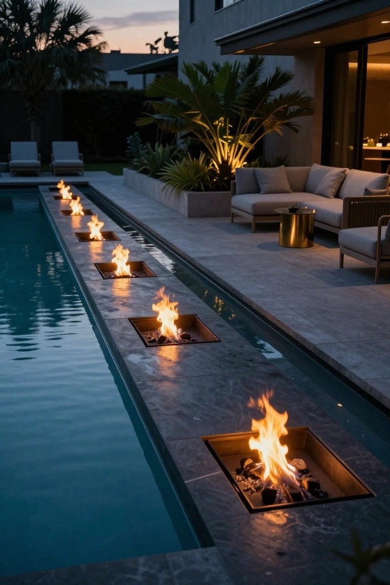 Long inground pool at dusk with multiple square gas fire pits embedded flush along one stone-edged side, near modern outdoor loungers, gold side table, potted plants, and a contemporary house in the background.
