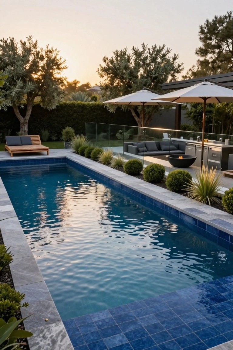 Long narrow inground pool with blue mosaic tiles and gray stone coping, adjacent to outdoor sofa, loungers, fire pit, kitchen counter, umbrellas, and landscaping in a backyard at sunset.