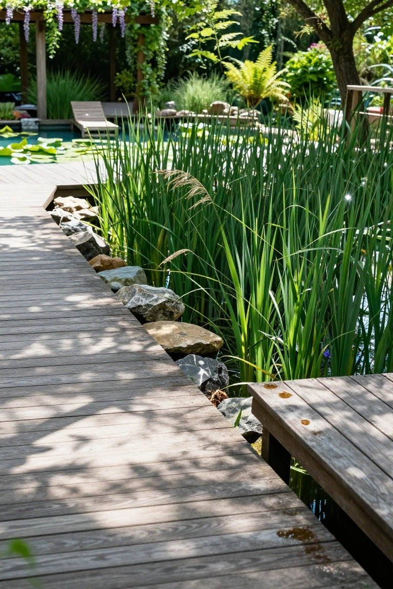 Wooden boardwalk path edged with rocks and tall green reeds along a pond with lily pads and lush garden plants in the background.