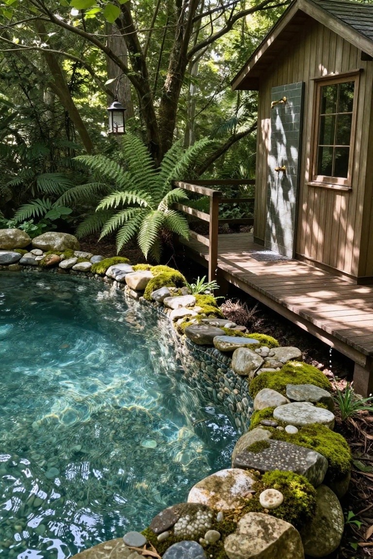 Turquoise inground pool with moss-covered stone and pebble edging, surrounded by ferns and trees, next to a wooden outdoor shower cabin on a deck.