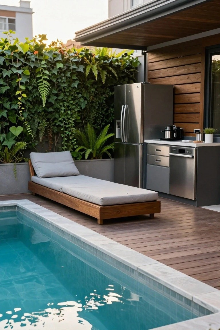 Narrow rectangular inground pool with turquoise water and white marble edges next to a wooden deck holding a cushioned wood-frame lounge chair, beside an outdoor kitchen with stainless steel fridge, dishwasher, sink, and counter, surrounded by green plants and wood-clad wall.
