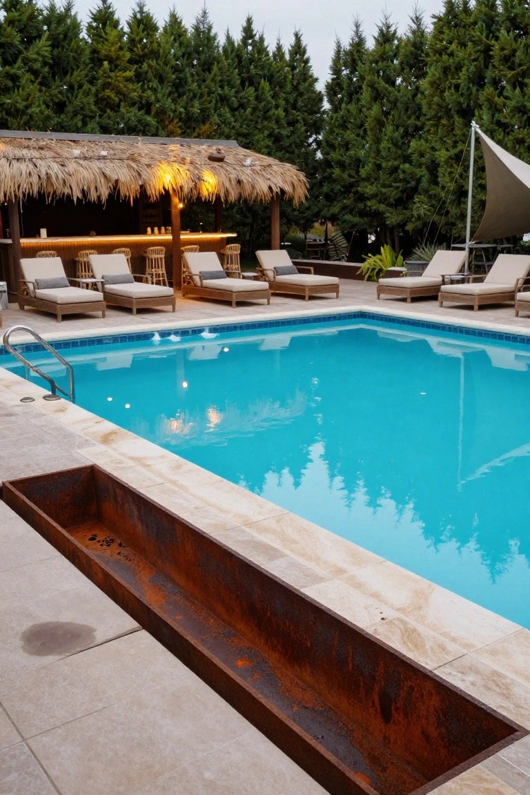 Rectangular inground pool with turquoise water and ladder, adjacent rusted metal trough in the deck, lounge chairs, thatched tiki bar structure, and evergreen trees in the background.