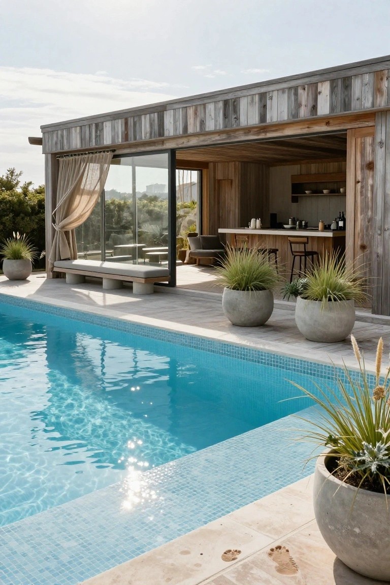 Wooden pavilion with open kitchen bar, stools, and potted grasses adjacent to a large turquoise inground pool on a tiled deck.