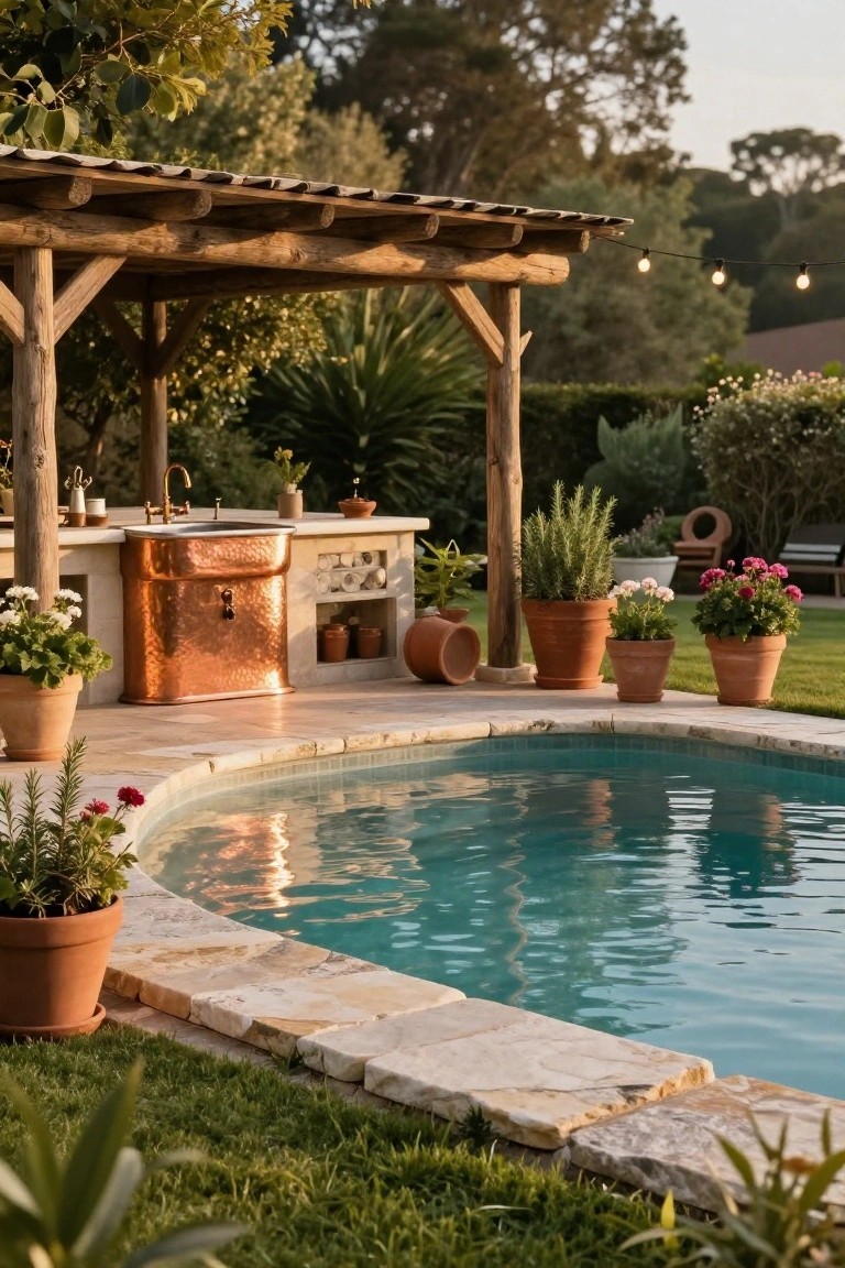 Wooden pergola sheltering an outdoor kitchen with copper sink and stone counters next to a curved turquoise inground pool, potted plants and greenery surrounding the area.