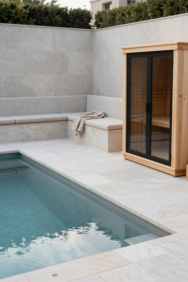 A rectangular inground pool with turquoise water next to a wooden sauna cabin featuring black-framed glass doors, on a light gray tiled deck with built-in bench seating and green hedges in the background.