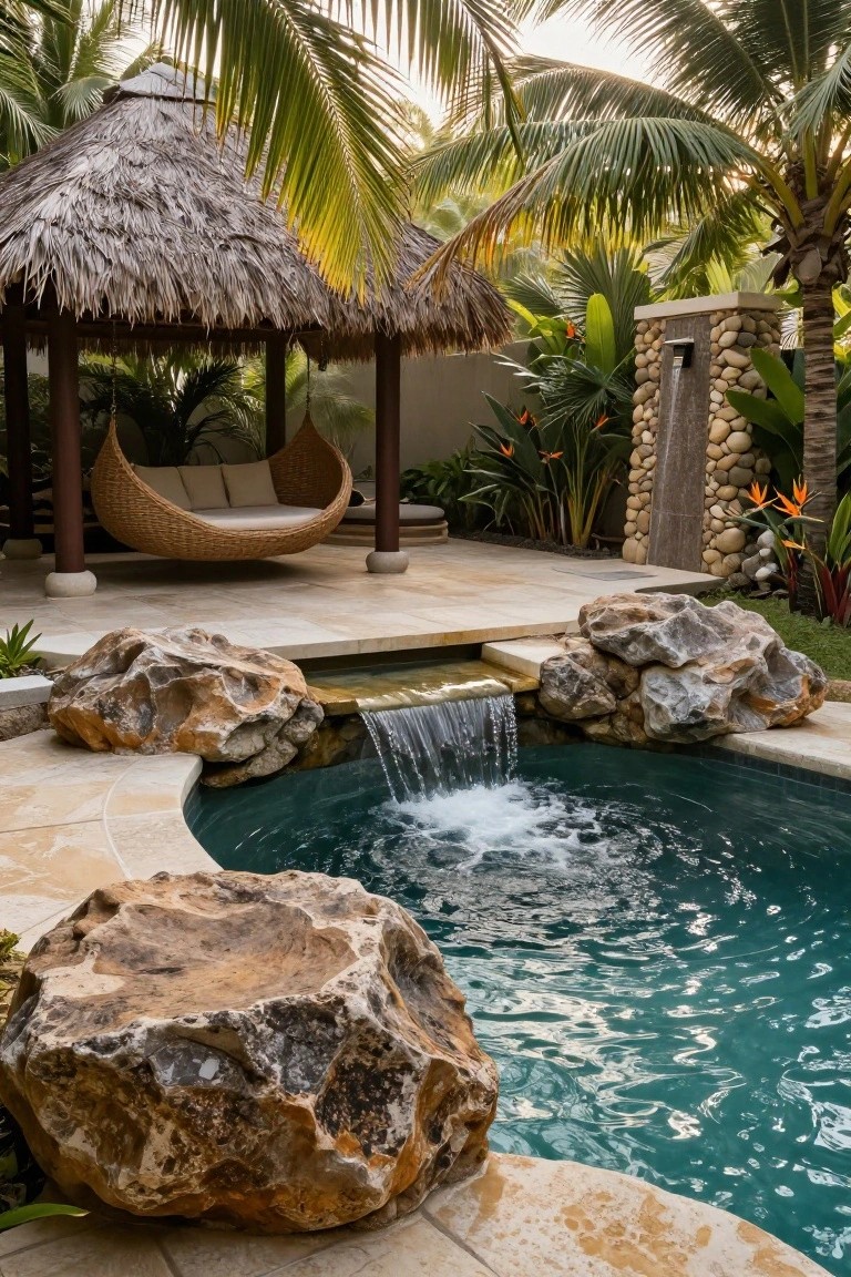 Curved inground pool with natural stone waterfall cascading from boulders into the water, surrounded by large rocks on a stone deck, tropical plants, palm trees, and a thatched pavilion with hanging woven chair.