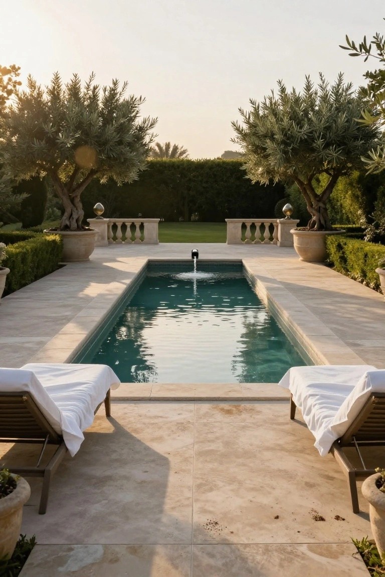 Rectangular inground pool with central fountain on travertine terrace, flanked by white-draped loungers, boxwood hedges, olive trees in terracotta pots, and stone balustrade in a sunny yard.