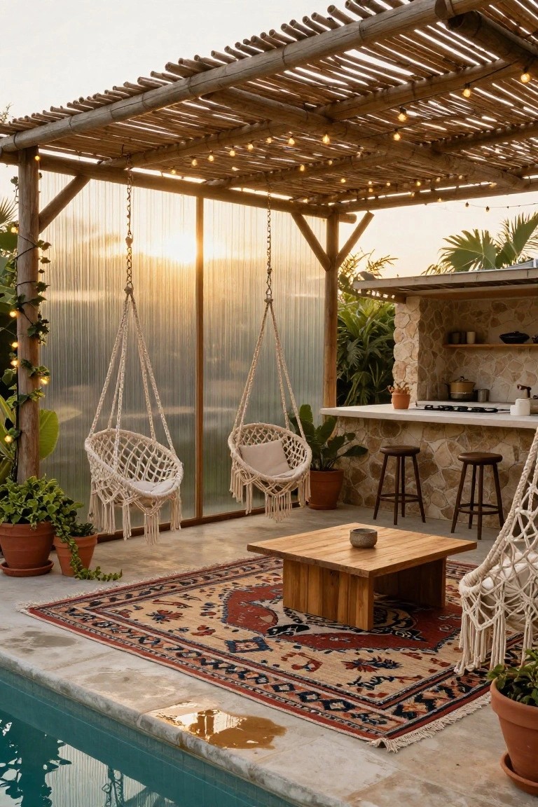 19 Strong Pool Shade Structure Ideas That Feel Built to Last Poolside outdoor lounge under open bamboo pergola with string lights, two white macrame hanging chairs, low wooden table on red and beige patterned rug, potted plants, and adjacent stone outdoor kitchen with wood stools.
