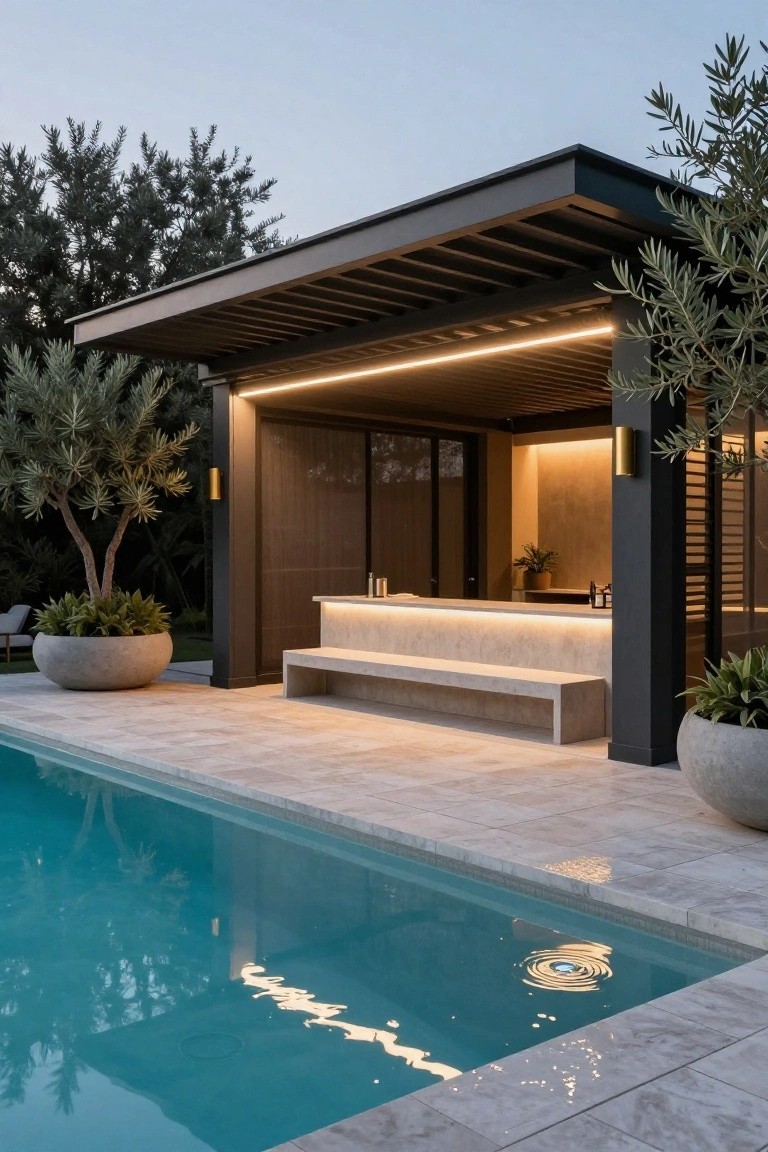 19 Strong Pool Shade Structure Ideas That Feel Built to Last Black metal-framed pavilion with slatted wooden roof and LED lighting beside a turquoise pool, featuring a light stone bar counter, bench, and large potted plants on a tiled patio surrounded by olive trees.
