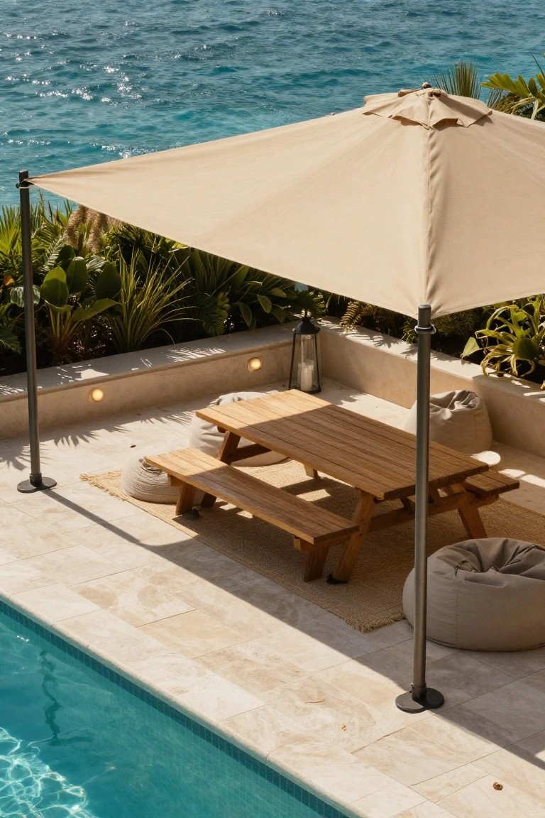 19 Strong Pool Shade Structure Ideas That Feel Built to Last Overhead view of a large beige cantilever umbrella shading a wooden picnic table with benches on a light stone pool deck edged with plants and poufs, overlooking turquoise ocean water.